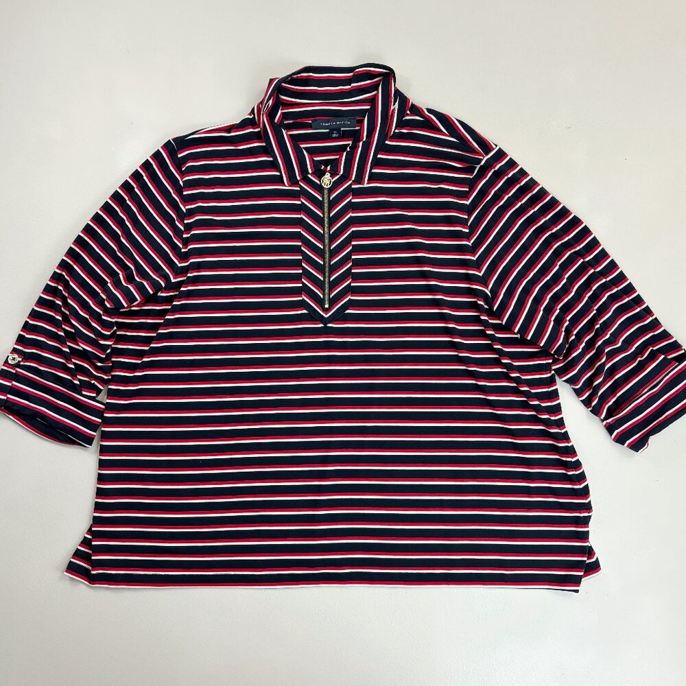 TOMMY HILFIGER Striped Stretch Knit Top 2X Navy Red White 1/4 Zip Collar Preppy